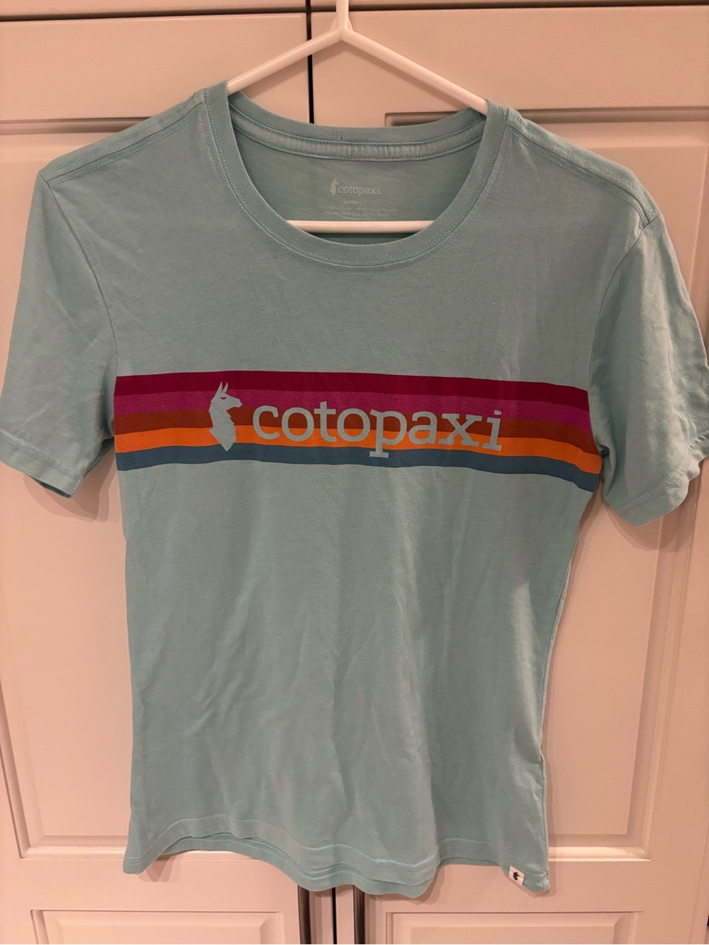 Cotopaxi womens Light Blue Logo Tee with Color Stripe small